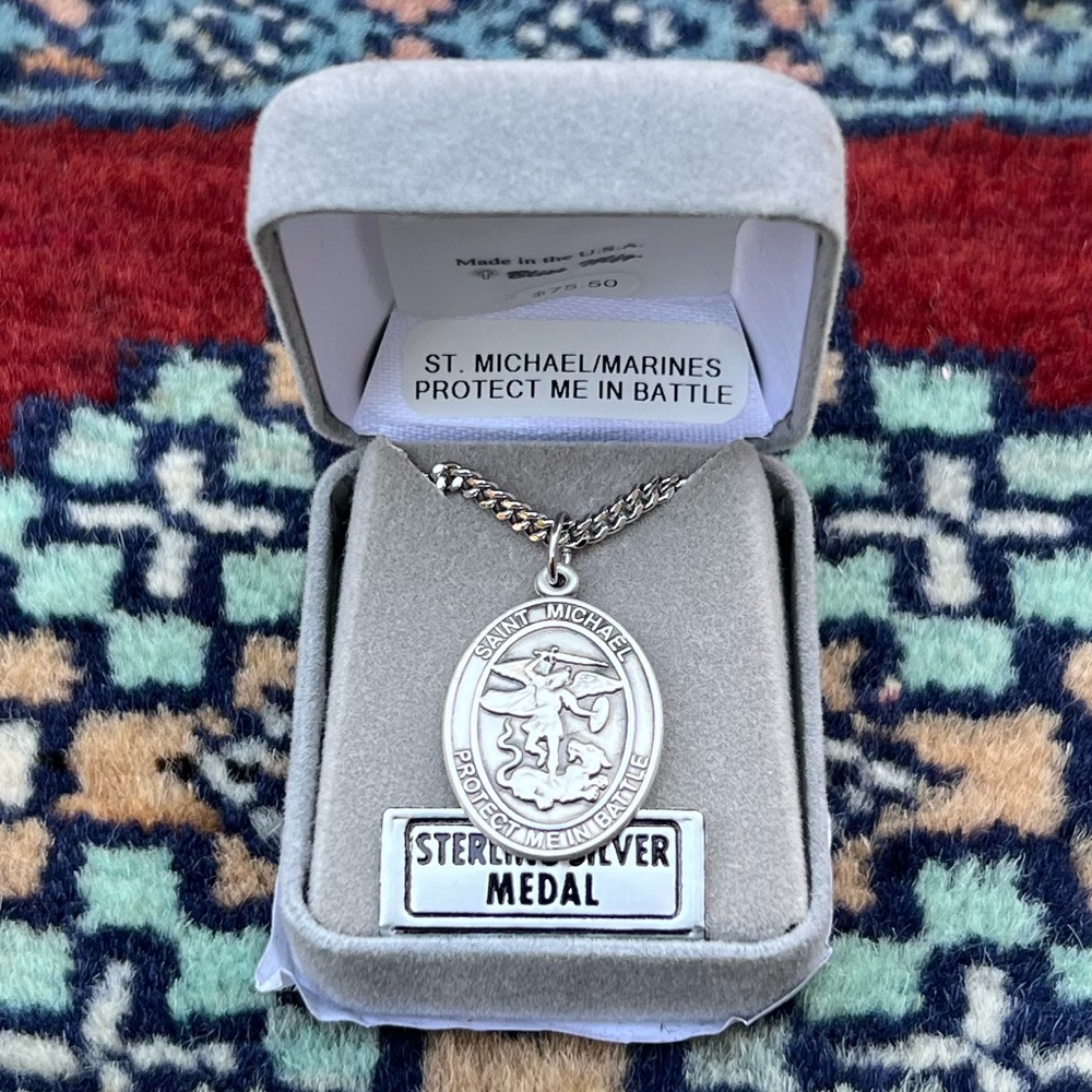 St. Michael Marines Sterling Silver Religious Medal Necklace 24” Curb Chain
